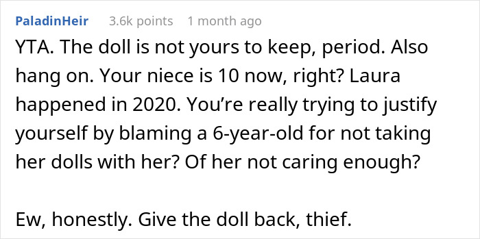 Comment discussing a stolen heirloom doll, urging the aunt to return it to her niece.