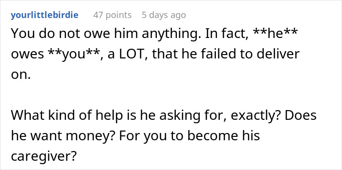 Reddit comment discussing a father's request for caregiving, questioning obligations after leaving family 15 years ago.