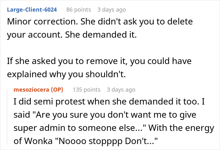 Text exchange about a female boss demanding account deletion, highlighting employee&rsquo;s humorous protest with Wonka reference.