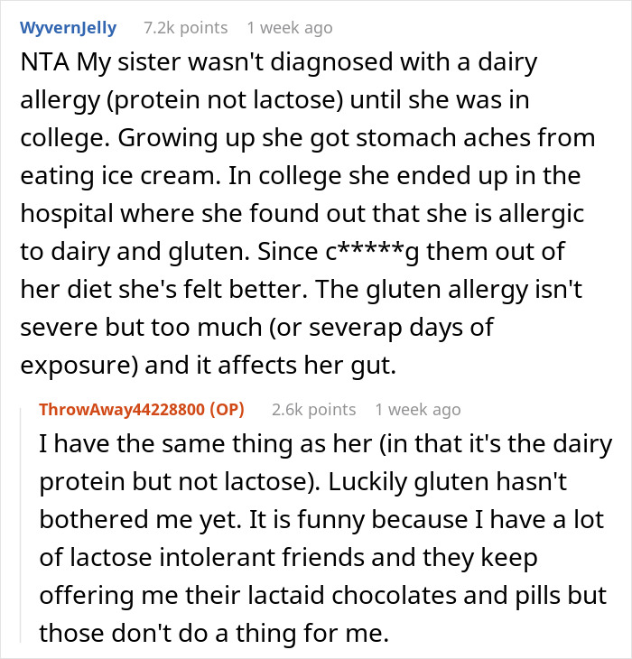 Reddit conversation about allergies involving a college dairy allergy diagnosis and lactose intolerance.