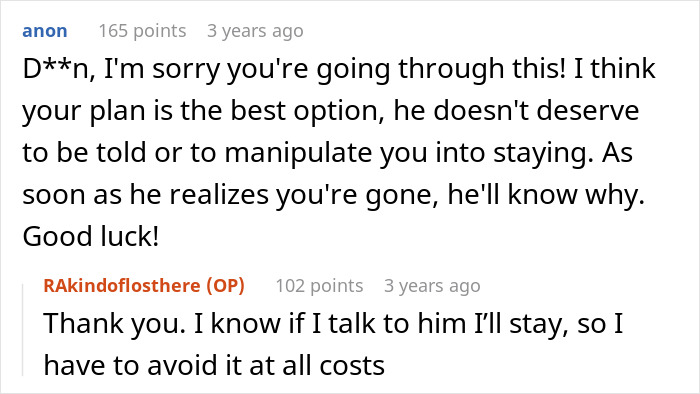 Comment thread on infidelity and planning a silent exit.