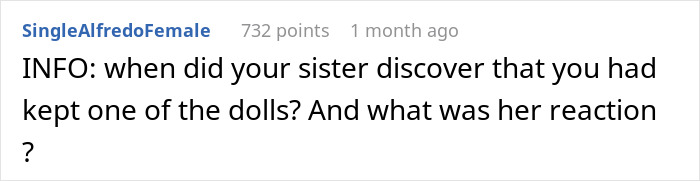 Reddit comment questioning the discovery of a stolen heirloom doll after a hurricane.