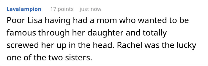 Comment on mom trying to use influencer daughter for fame, referencing sisters Lisa and Rachel.