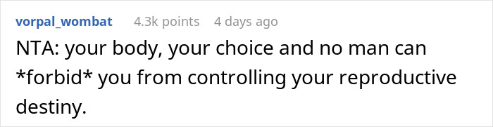 Online comment discussing body autonomy and reproductive choices.