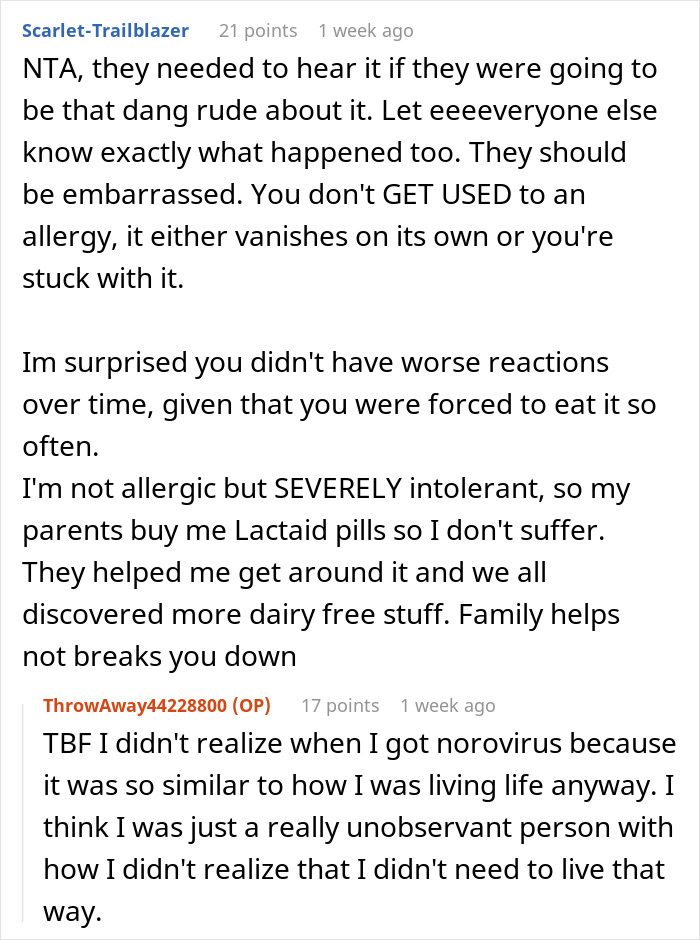 Text conversation discussing allergy issues and reactions in public.