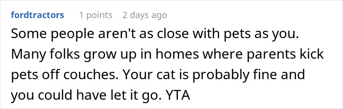 Online comment discussing reactions to friend mistreating a cat.