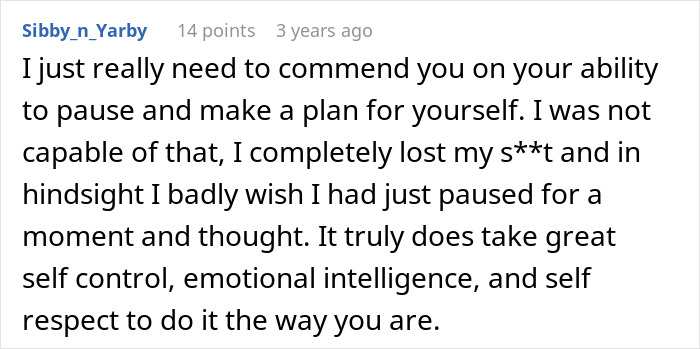 Comment discussing self-control and emotional intelligence in response to uncovering infidelity.