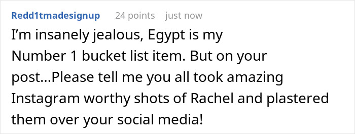 Text expressing envy over an Egypt trip and Instagram photos from an influencer's perspective.