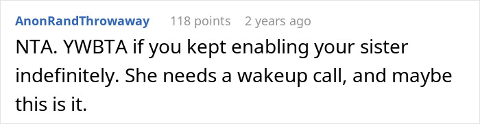 Reddit comment discussing potential wake-up call for sister dumping her kid.