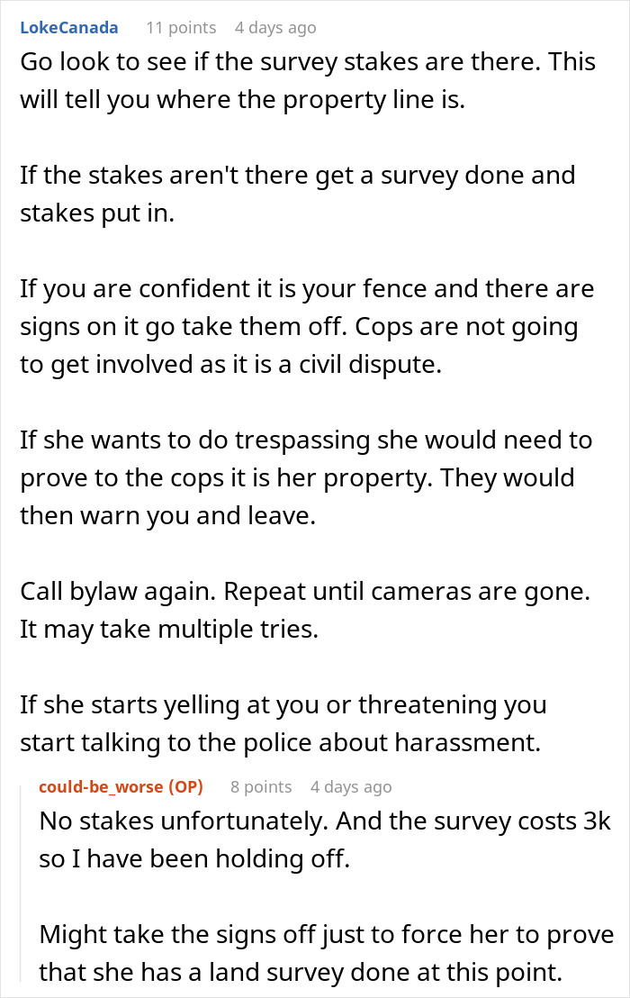 Neighbor dispute advice regarding property lines and camera surveillance in a Reddit thread exchange.