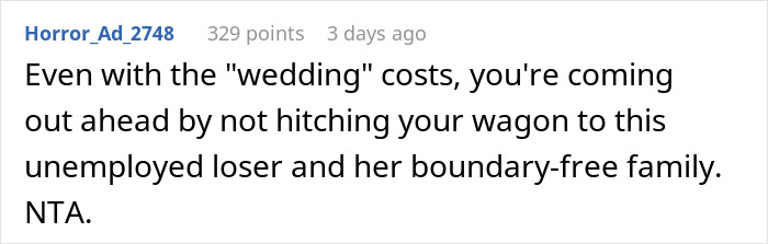 Reddit comment discussing wedding cancellation due to in-laws' behavior.