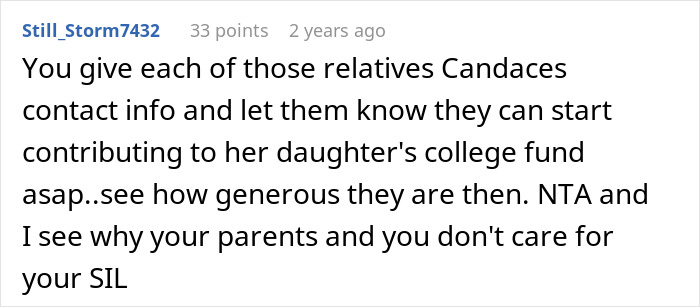 Reddit comment discussing refusal to share kid’s college fund with brother’s stepdaughter, mentions issues with sister-in-law.