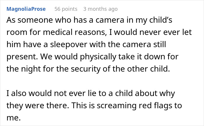 Text exchange about concerns over a camera in child's room during sleepovers.