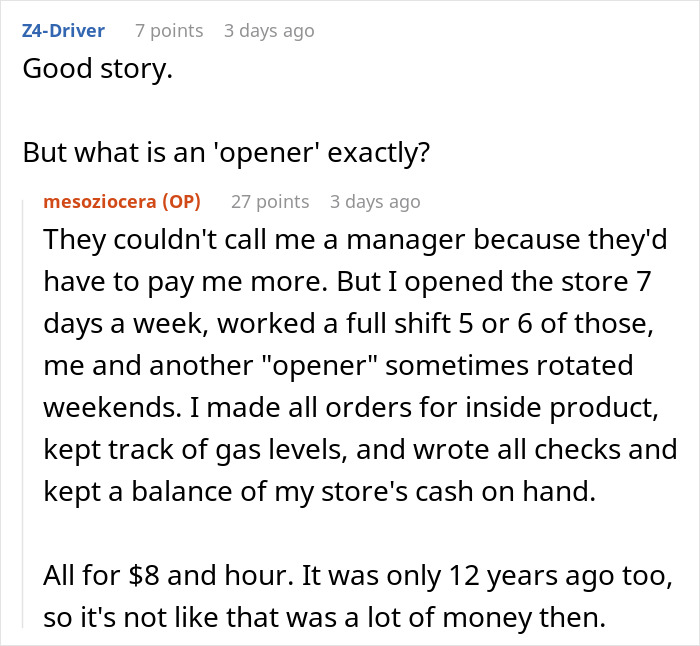 Reddit conversation about &lsquo;opener&rsquo; role, detailing duties and low pay, highlighting workplace dynamics and employee experiences.