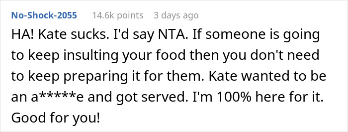 Comment discussing coworker's reaction to being insulted over their cooking.