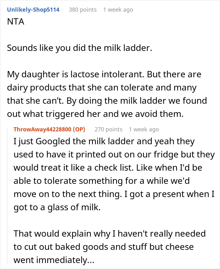 Reddit conversation about managing allergies and using the milk ladder for lactose intolerance.