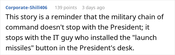 Reddit comment highlighting the IT guy&rsquo;s crucial role in military command chain.