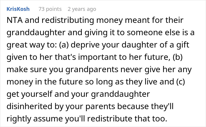 Comment discussing refusal to give college fund to brother's stepdaughter, emphasizing family financial conflicts.