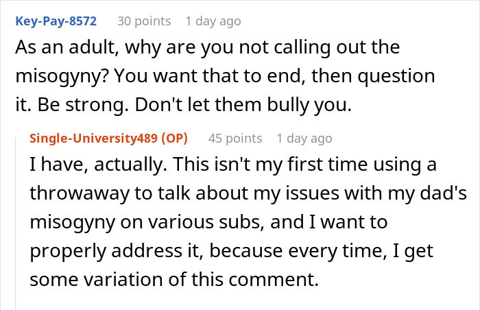 Reddit comments discussing a woman&rsquo;s concerns about her dad&rsquo;s misogyny and her responsibility for stepsiblings.