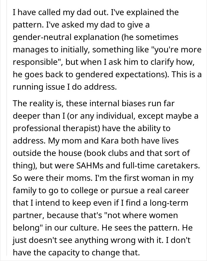 Text discussing a woman's challenge with gender expectations related to caring for stepsiblings.