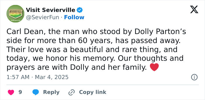 Tweet about Carl Dean's passing, honoring Dolly Parton's laundromat love story and their lifelong bond.