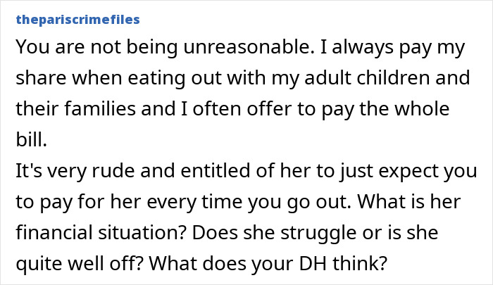 MIL's wallet absence discussed; always expects others to pay the bill, raising financial concerns.