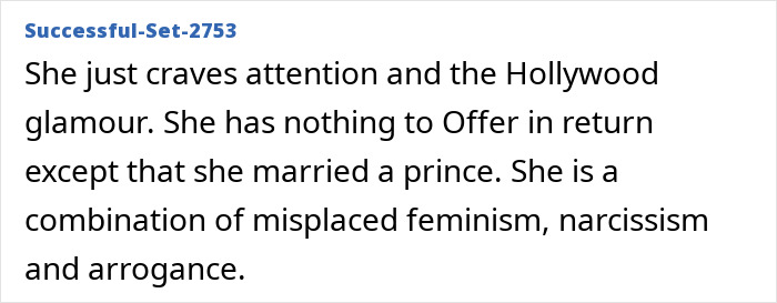 Comment criticizing Meghan Markle's show, describing it as seeking attention and questioning her motives.