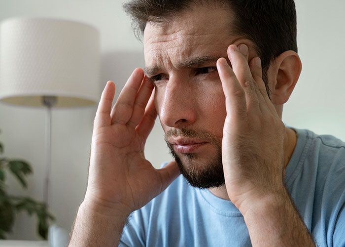 Man in a blue shirt looking stressed, touching his temples, representing family care responsibilities.