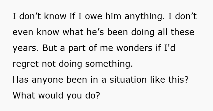 Text discussing a person's dilemma about taking care of a father who left 15 years ago.