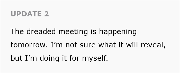 Text reading &ldquo;The dreaded meeting is happening tomorrow. I’m not sure what it will reveal, but I’m doing it for myself.