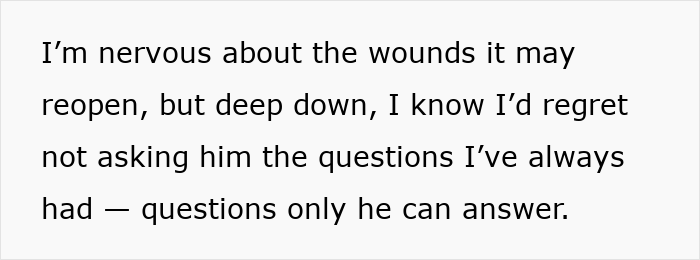 Text discussing feelings of regret and unanswered questions about a dad who left 15 years ago.