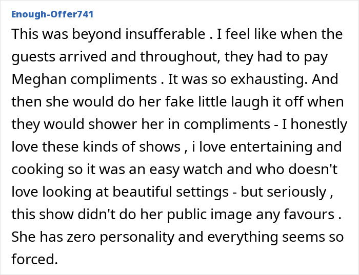 Text critique of Meghan Markle's show, describing it as insufferable and forced.