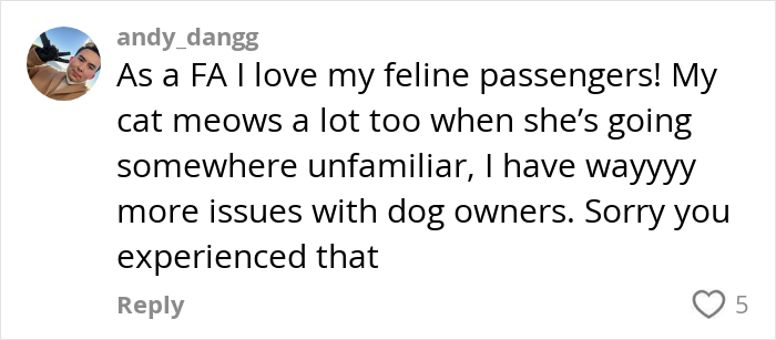 Flight attendant comments on challenges with pet passengers, mentioning cats and dog owners.