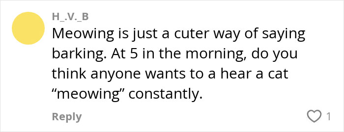 Comment discussing cat meowing early in the morning, related to flight attendant and pet parent situation.