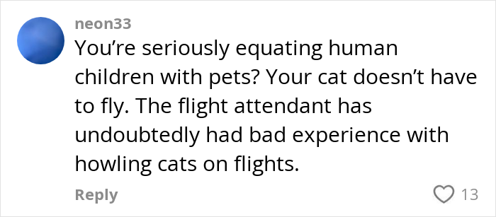 Comment discussing flight attendant's bad experience with noisy cats on flights.