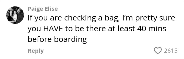 Comment about the viral airport theory trend, discussing check-in timing, with 2615 likes.