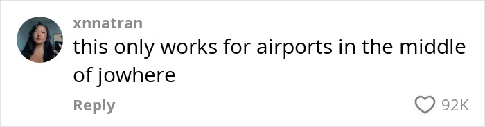 Comment on &ldquo;airport theory&rdquo; trend humorously discussing airport location effectiveness.