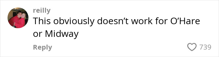 Comment on viral airport theory trend about O&rsquo;Hare or Midway, with 739 likes.