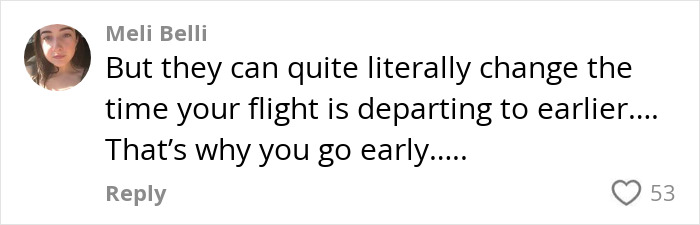 Comment discussing airport theory trend causing missed flights, with 53 likes displayed.