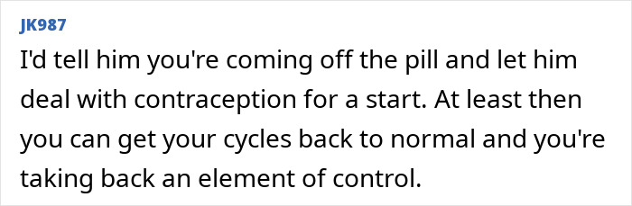 Comment advising on contraception control after husband's confession discussion.