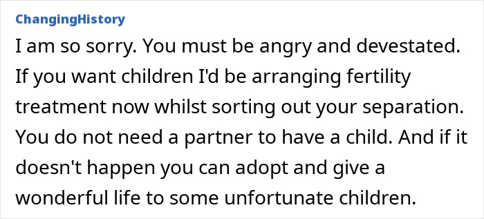 Text message offering advice about having and adopting children after a partner's confession.