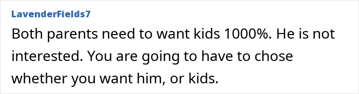 Comment discussing parenting desire, highlighting the importance of mutual agreement on having children.