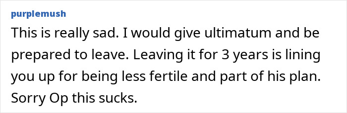 Text response on having one child, expressing sadness and suggesting an ultimatum due to fertility concerns.