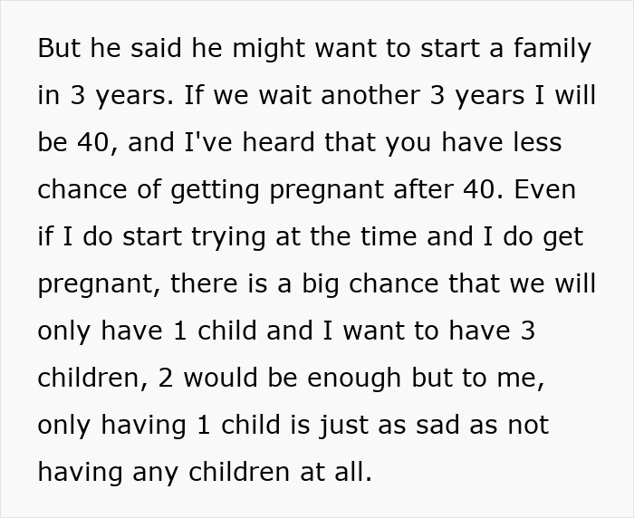 Text discussing feelings on having only one child versus none, mentioning family planning and age-related concerns.