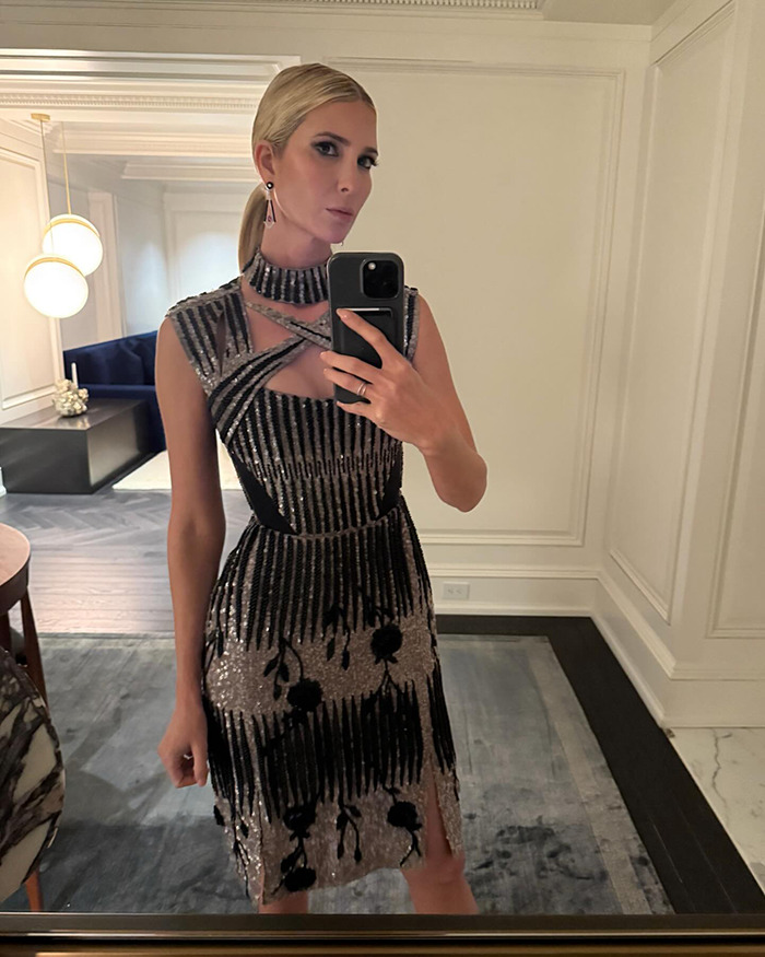 Person taking a mirror selfie in an elegant dress in a sophisticated room setting.