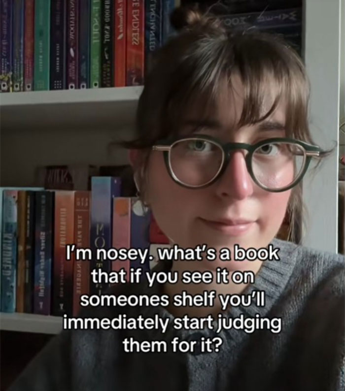 Person with glasses in front of bookshelves, text reads about judging people based on books they own.