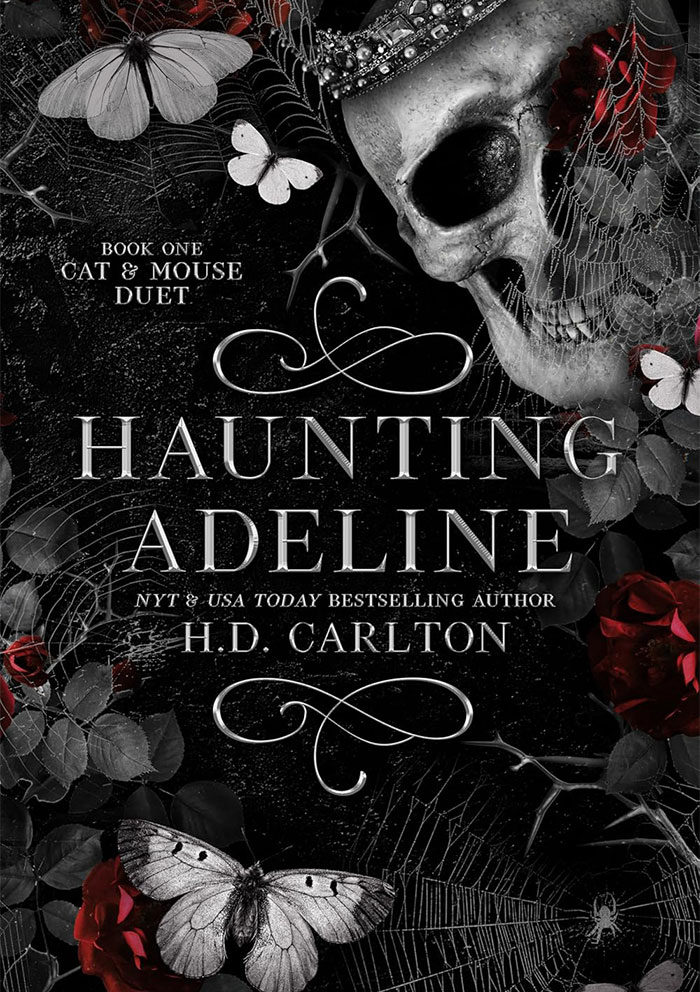 Haunting Adeline by H.D. Carlton, dark cover with skull, butterflies, and roses, symbolizes a book that sparks judgment.