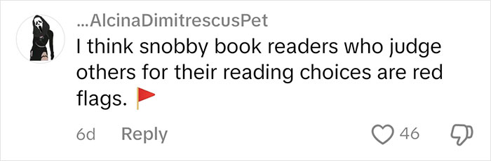 Comment on judging people based on book choices, with a red flag emoji.