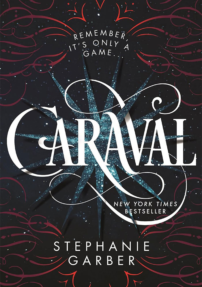 Caraval book cover by Stephanie Garber with red swirls and starburst background.