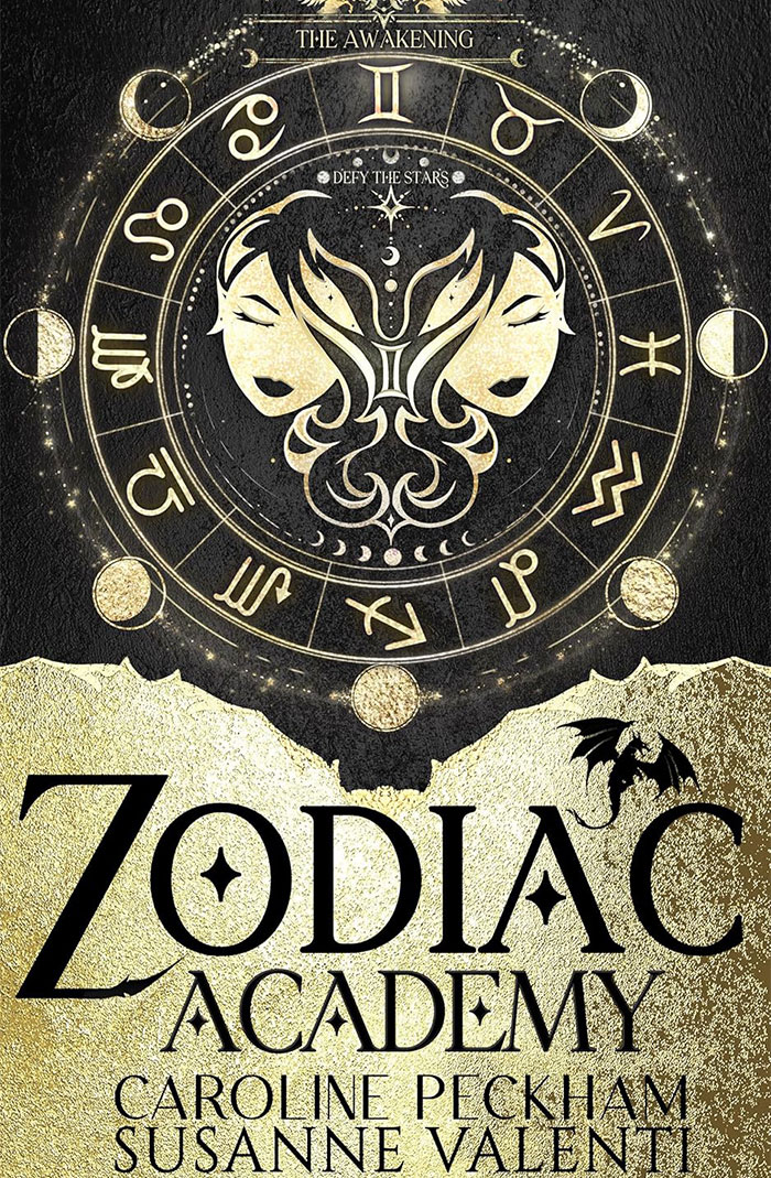 Cover of &ldquo;Zodiac Academy&rdquo; with astrological symbols and twin figures centered.